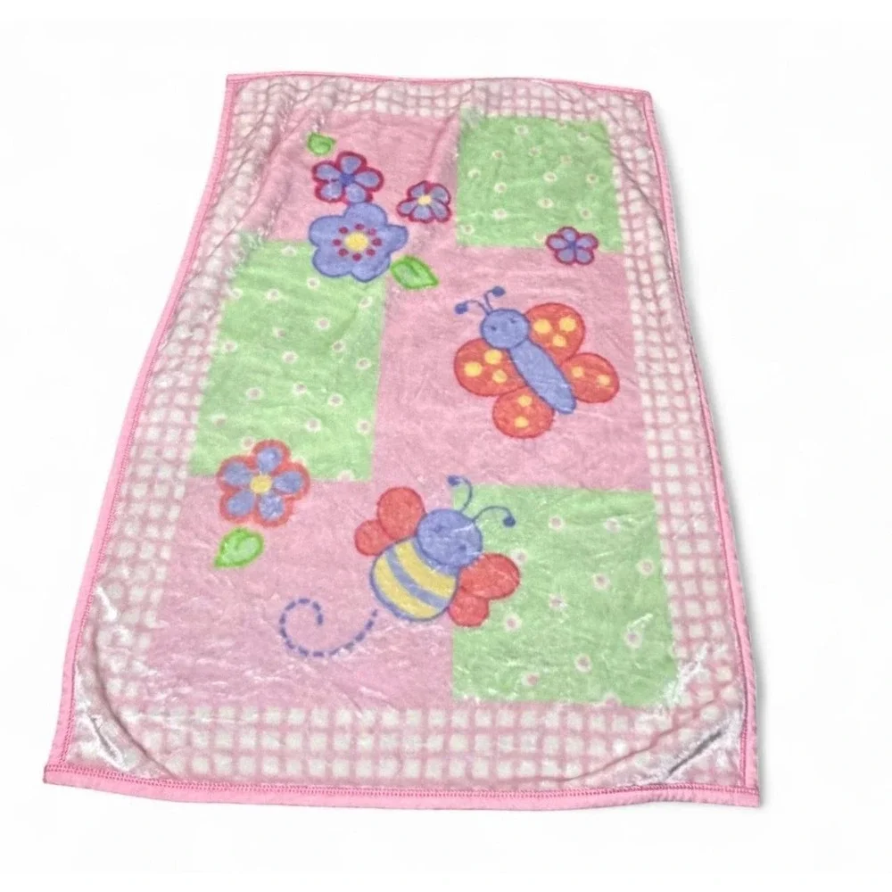 Vintage Baby Girl Plush Blanket Pink Green Butterfly Bee Floral Y2K Nursery